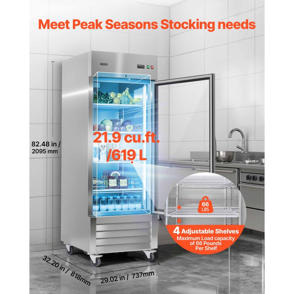 VEVOR Commercial Refrigerator, 29.02 in Width Reach In Upright Refrigeration Single Glass Door, 21.5 Cu.ft Auto-Defrost Stainless Steel Refrigerator with 4 Adjustable Shelves, 32 to 50℉ Temp Range