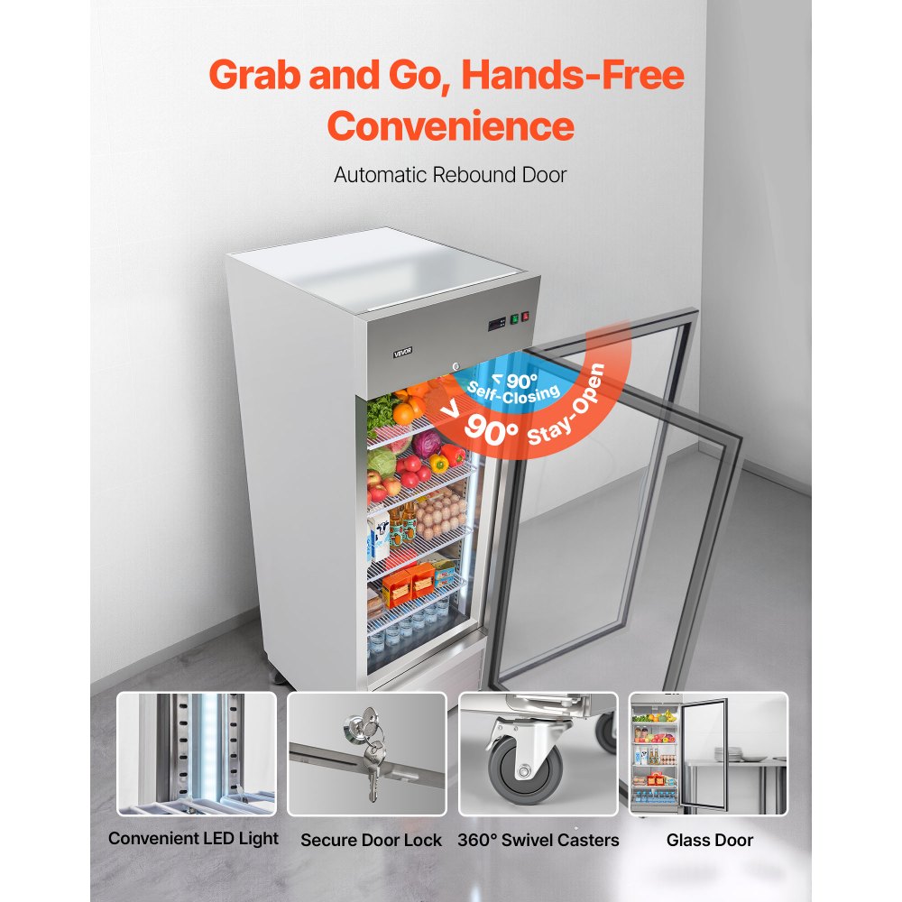 VEVOR Commercial Refrigerator, 29.02 in Width Reach In Upright Refrigeration Single Glass Door, 21.5 Cu.ft Auto-Defrost Stainless Steel Refrigerator with 4 Adjustable Shelves, 32 to 50℉ Temp Range