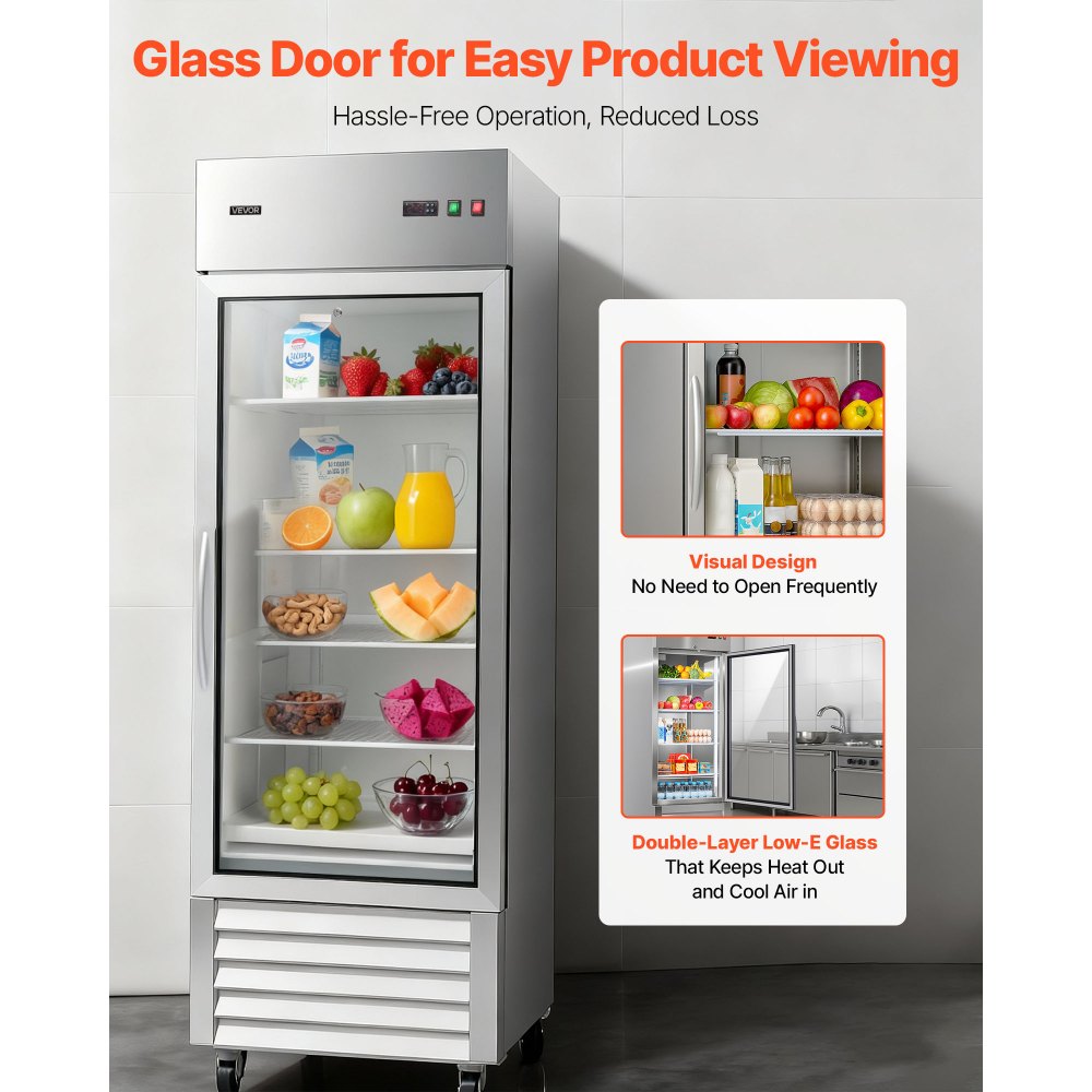 VEVOR Commercial Refrigerator, 29.02 in Width Reach In Upright Refrigeration Single Glass Door, 21.5 Cu.ft Auto-Defrost Stainless Steel Refrigerator with 4 Adjustable Shelves, 32 to 50℉ Temp Range