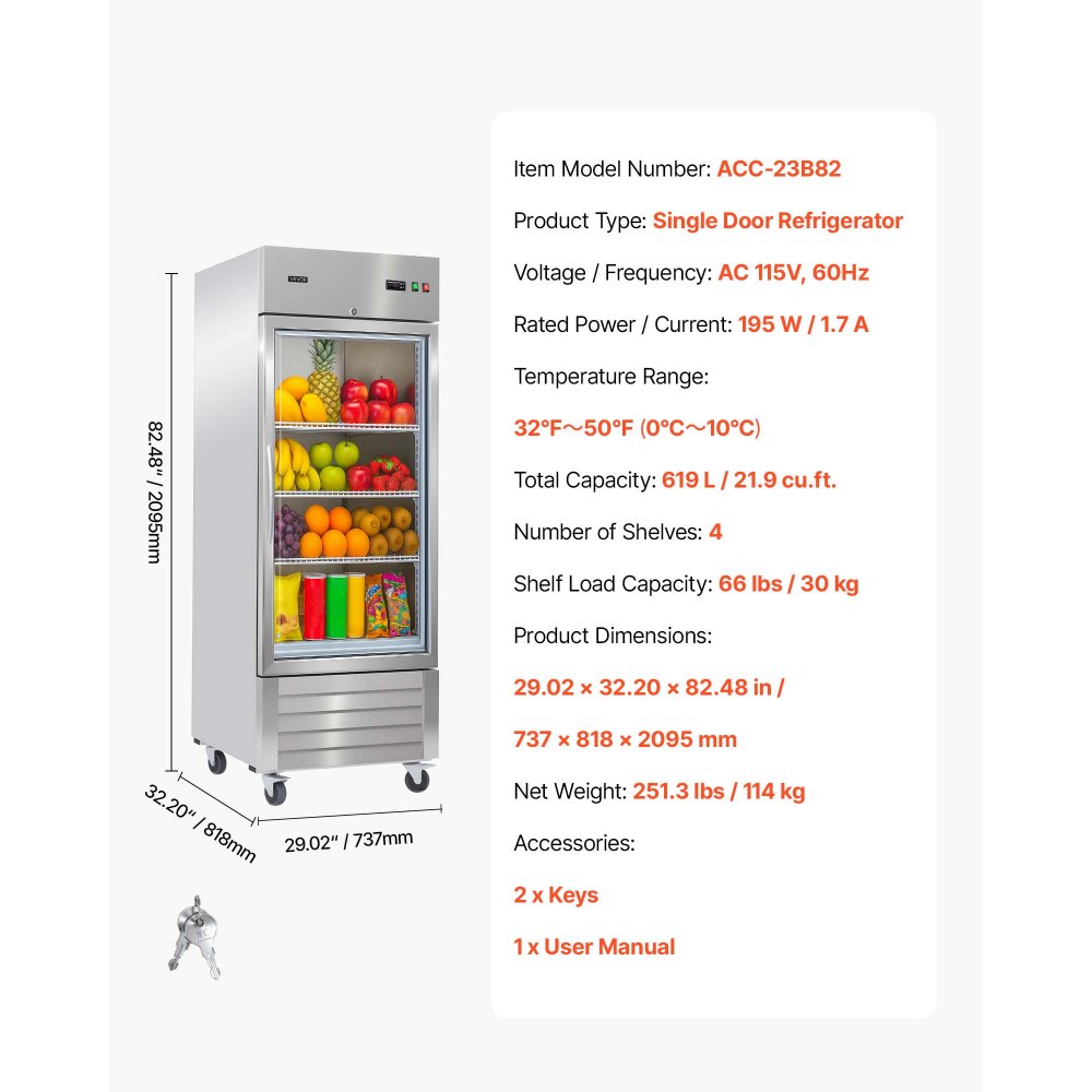 VEVOR Commercial Refrigerator, 29.02 in Width Reach In Upright Refrigeration Single Glass Door, 21.5 Cu.ft Auto-Defrost Stainless Steel Refrigerator with 4 Adjustable Shelves, 32 to 50℉ Temp Range
