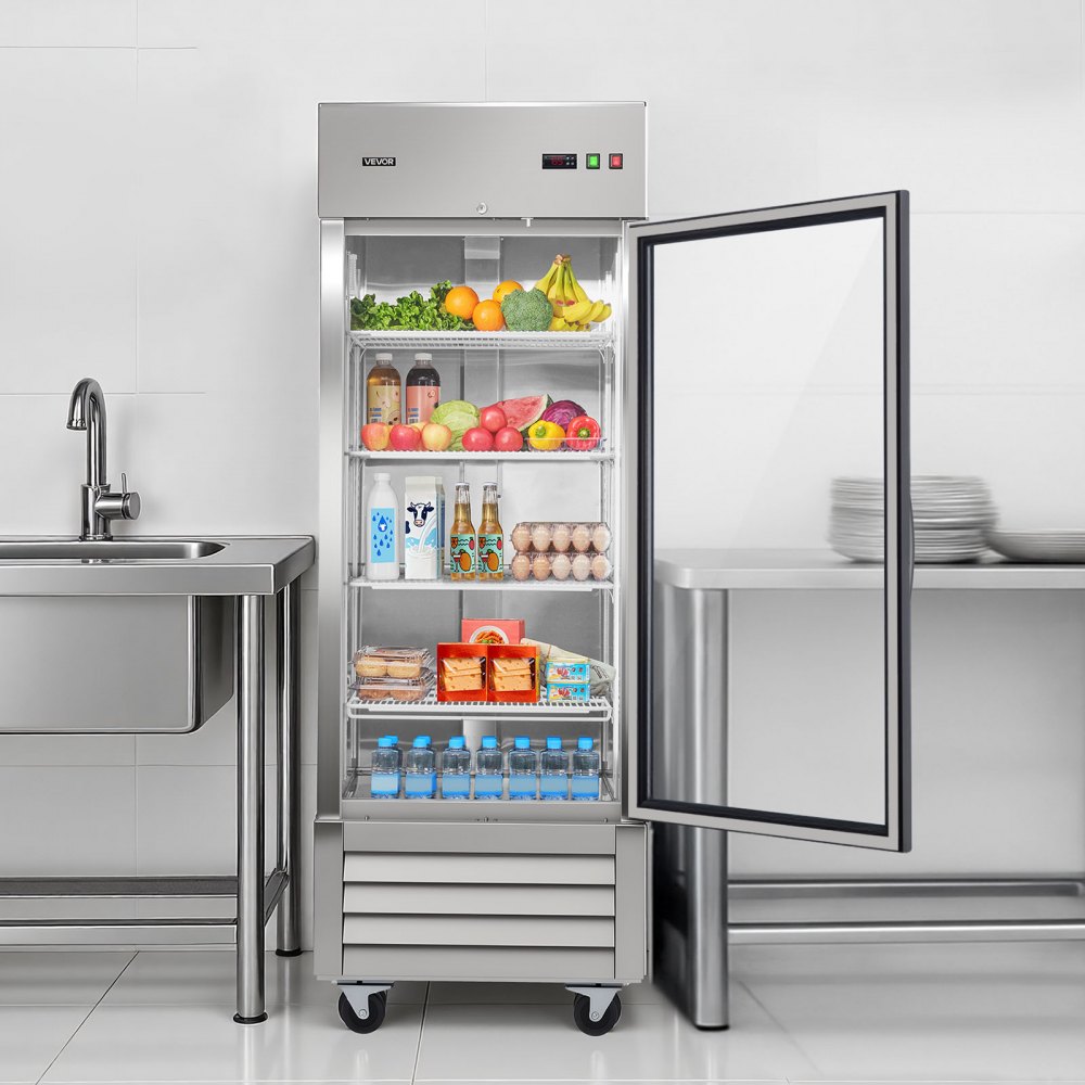 VEVOR Commercial Refrigerator, 29.02 in Width Reach In Upright Refrigeration Single Glass Door, 21.5 Cu.ft Auto-Defrost Stainless Steel Refrigerator with 4 Adjustable Shelves, 32 to 50℉ Temp Range