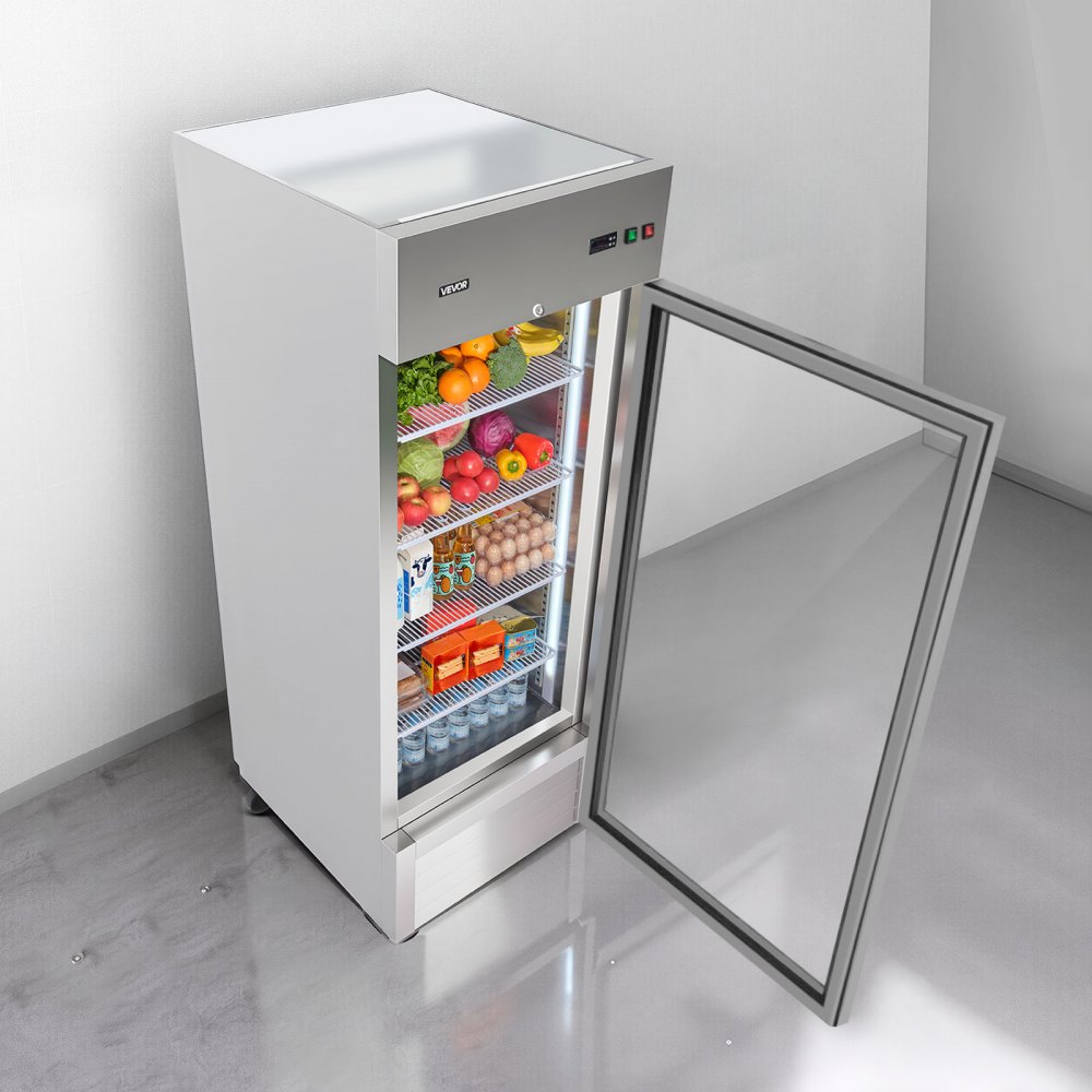 VEVOR Commercial Refrigerator, 29.02 in Width Reach In Upright Refrigeration Single Glass Door, 21.5 Cu.ft Auto-Defrost Stainless Steel Refrigerator with 4 Adjustable Shelves, 32 to 50℉ Temp Range