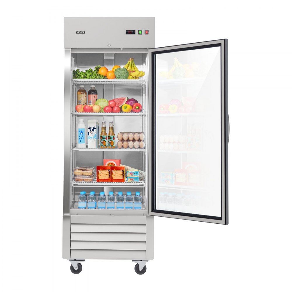 VEVOR Commercial Refrigerator, 29.02 in Width Reach In Upright Refrigeration Single Glass Door, 21.5 Cu.ft Auto-Defrost Stainless Steel Refrigerator with 4 Adjustable Shelves, 32 to 50℉ Temp Range