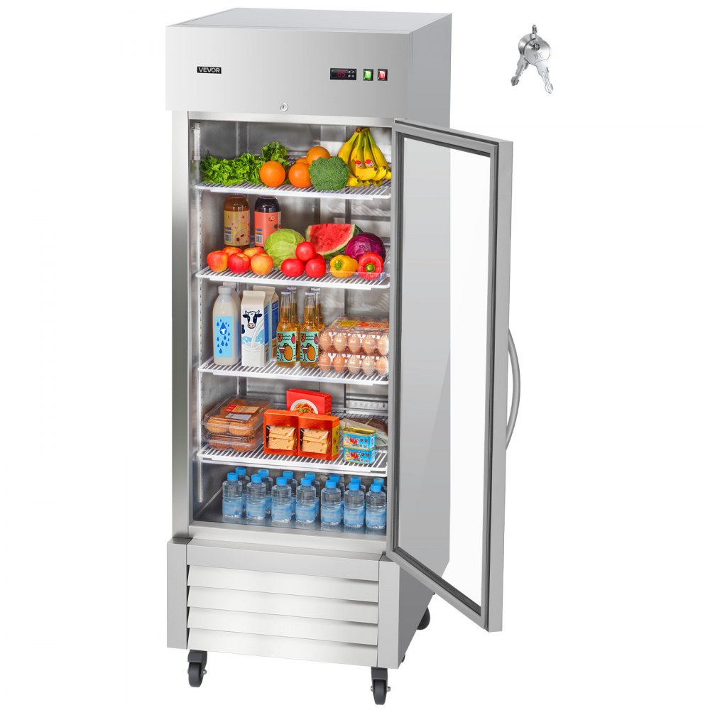 VEVOR Commercial Refrigerator, 29.02 in Width Reach In Upright Refrigeration Single Glass Door, 21.5 Cu.ft Auto-Defrost Stainless Steel Refrigerator with 4 Adjustable Shelves, 32 to 50℉ Temp Range