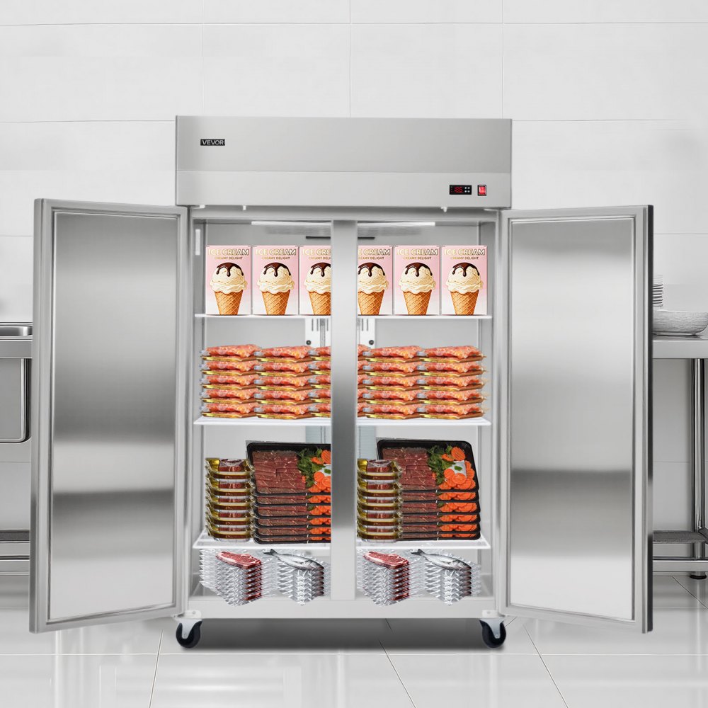 VEVOR Commercial Freezer, 31.89 in Width Reach In Upright-Freezer Double Door, 32.1 Cu.ft Auto-Defrost Stainless Steel Freezer with 8 Adjustable Shelves, -11 to 14℉ Temp Control, LED Light, 4 Wheels
