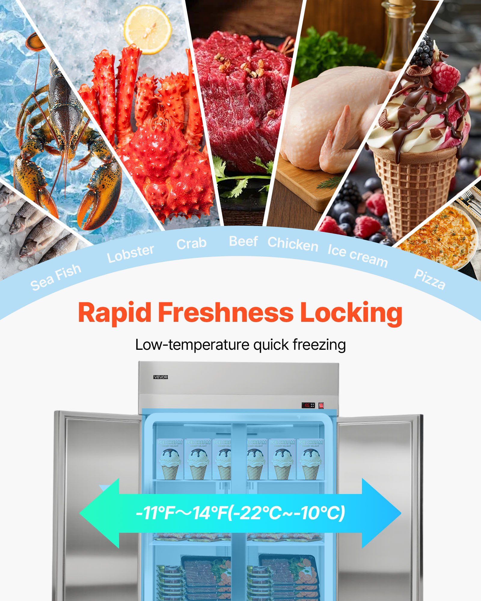 VEVOR Commercial Freezer, 31.89 in Width Reach In Upright-Freezer Double Door, 32.1 Cu.ft Auto-Defrost Stainless Steel Freezer with 8 Adjustable Shelves, -11 to 14℉ Temp Control, LED Light, 4 Wheels