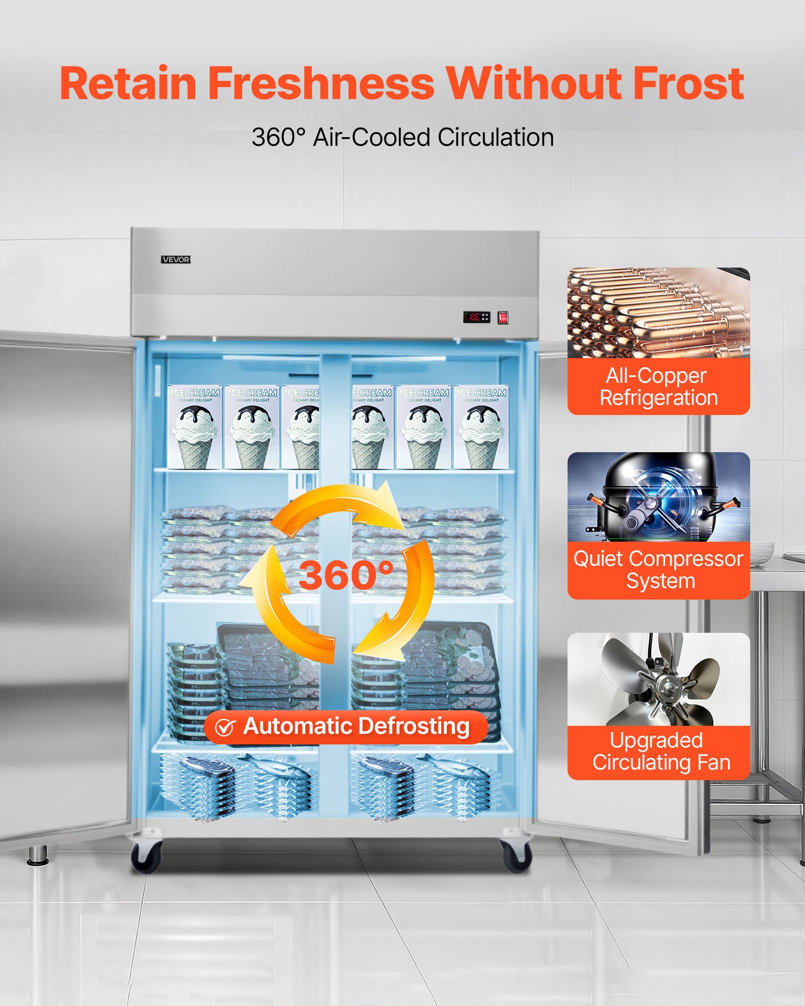 VEVOR Commercial Freezer, 31.89 in Width Reach In Upright-Freezer Double Door, 32.1 Cu.ft Auto-Defrost Stainless Steel Freezer with 8 Adjustable Shelves, -11 to 14℉ Temp Control, LED Light, 4 Wheels