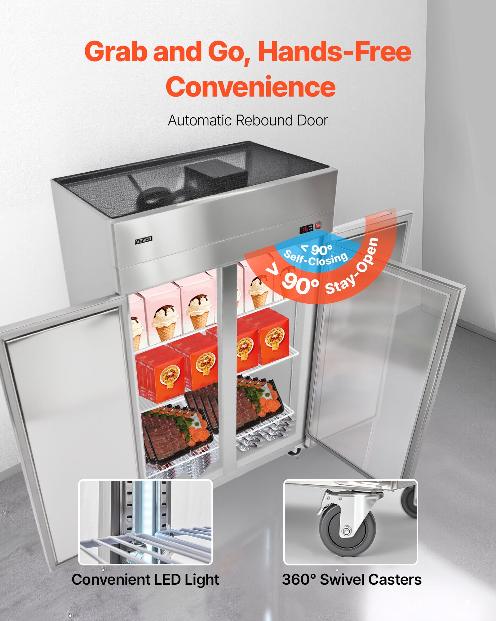 VEVOR Commercial Freezer, 31.89 in Width Reach In Upright-Freezer Double Door, 32.1 Cu.ft Auto-Defrost Stainless Steel Freezer with 8 Adjustable Shelves, -11 to 14℉ Temp Control, LED Light, 4 Wheels