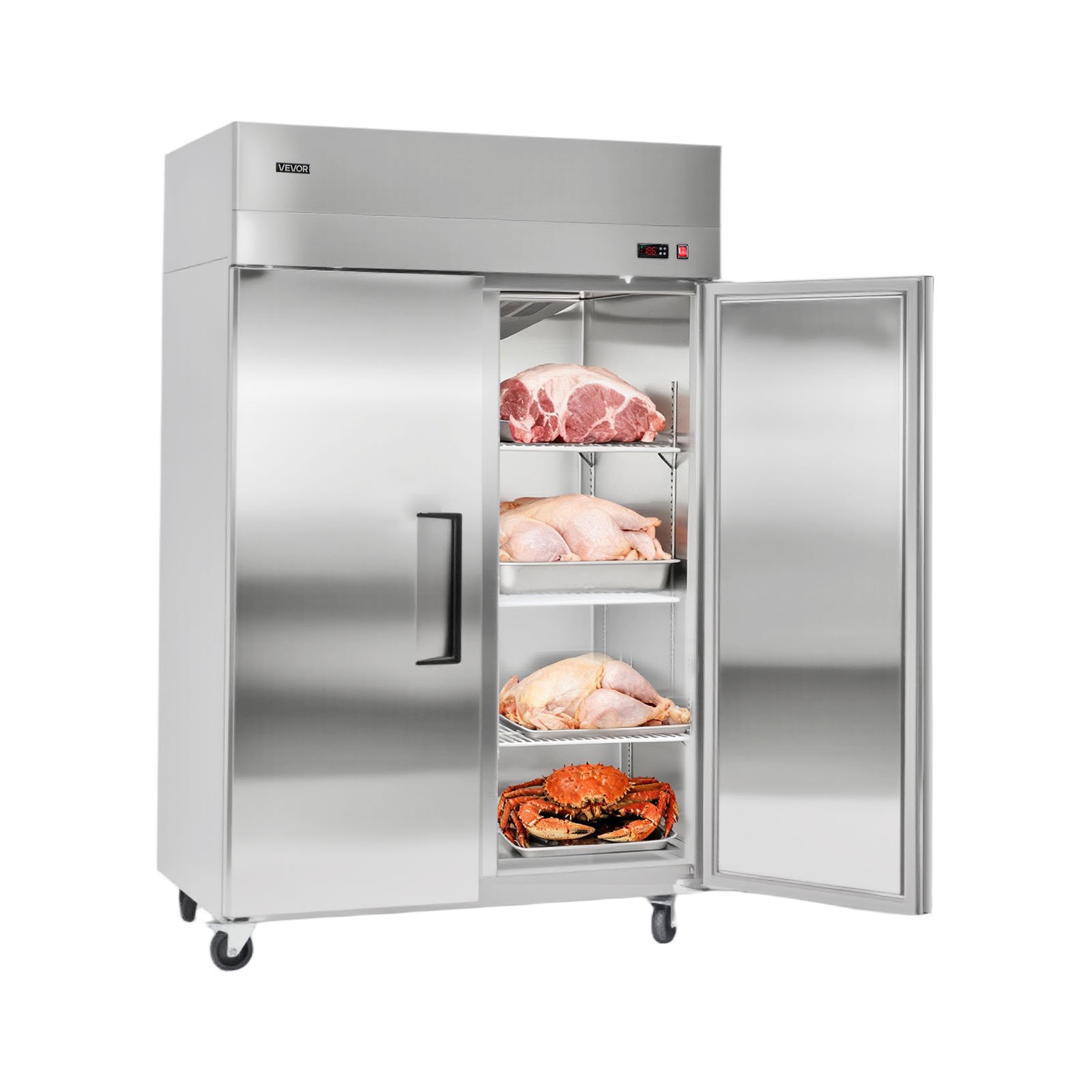 VEVOR Commercial Freezer, 31.89 in Width Reach In Upright-Freezer Double Door, 32.1 Cu.ft Auto-Defrost Stainless Steel Freezer with 8 Adjustable Shelves, -11 to 14℉ Temp Control, LED Light, 4 Wheels