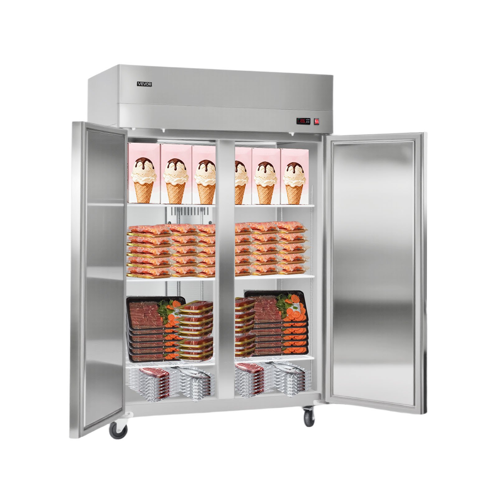 VEVOR Commercial Freezer, 31.89 in Width Reach In Upright-Freezer Double Door, 32.1 Cu.ft Auto-Defrost Stainless Steel Freezer with 8 Adjustable Shelves, -11 to 14℉ Temp Control, LED Light, 4 Wheels