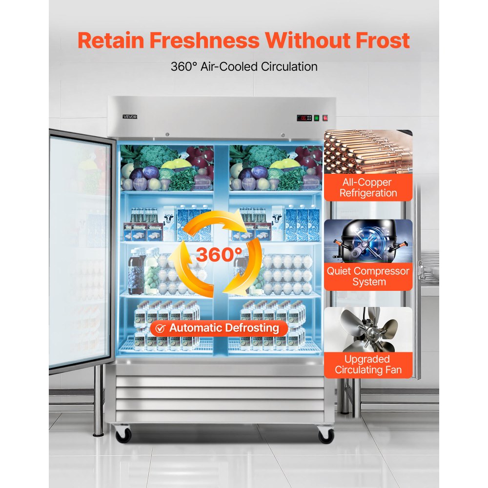 VEVOR Commercial Refrigerator, 32.2 in Width Reach In Upright Refrigeration Double Glass Door, 43.2 Cu.ft Auto-Defrost Stainless Steel Refrigerator with 8 Adjustable Shelves, 32 to 50℉ Temp Range