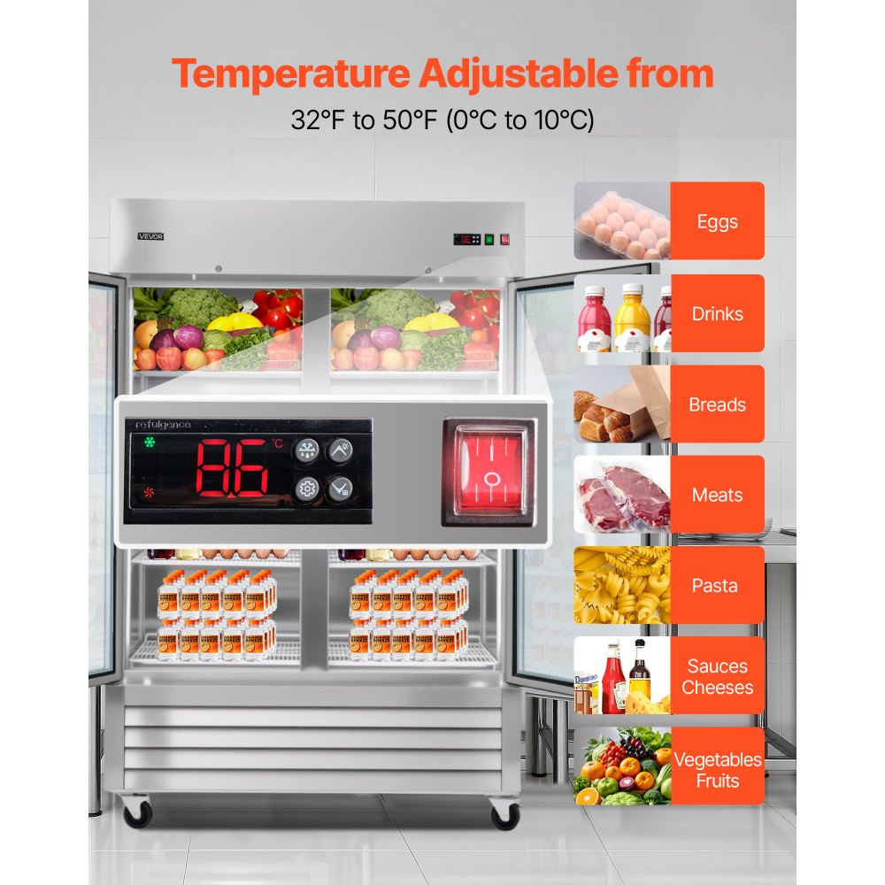 VEVOR Commercial Refrigerator, 32.2 in Width Reach In Upright Refrigeration Double Glass Door, 43.2 Cu.ft Auto-Defrost Stainless Steel Refrigerator with 8 Adjustable Shelves, 32 to 50℉ Temp Range