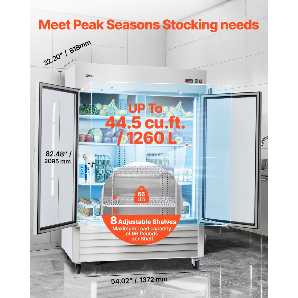 VEVOR Commercial Refrigerator, 32.2 in Width Reach In Upright Refrigeration Double Glass Door, 43.2 Cu.ft Auto-Defrost Stainless Steel Refrigerator with 8 Adjustable Shelves, 32 to 50℉ Temp Range