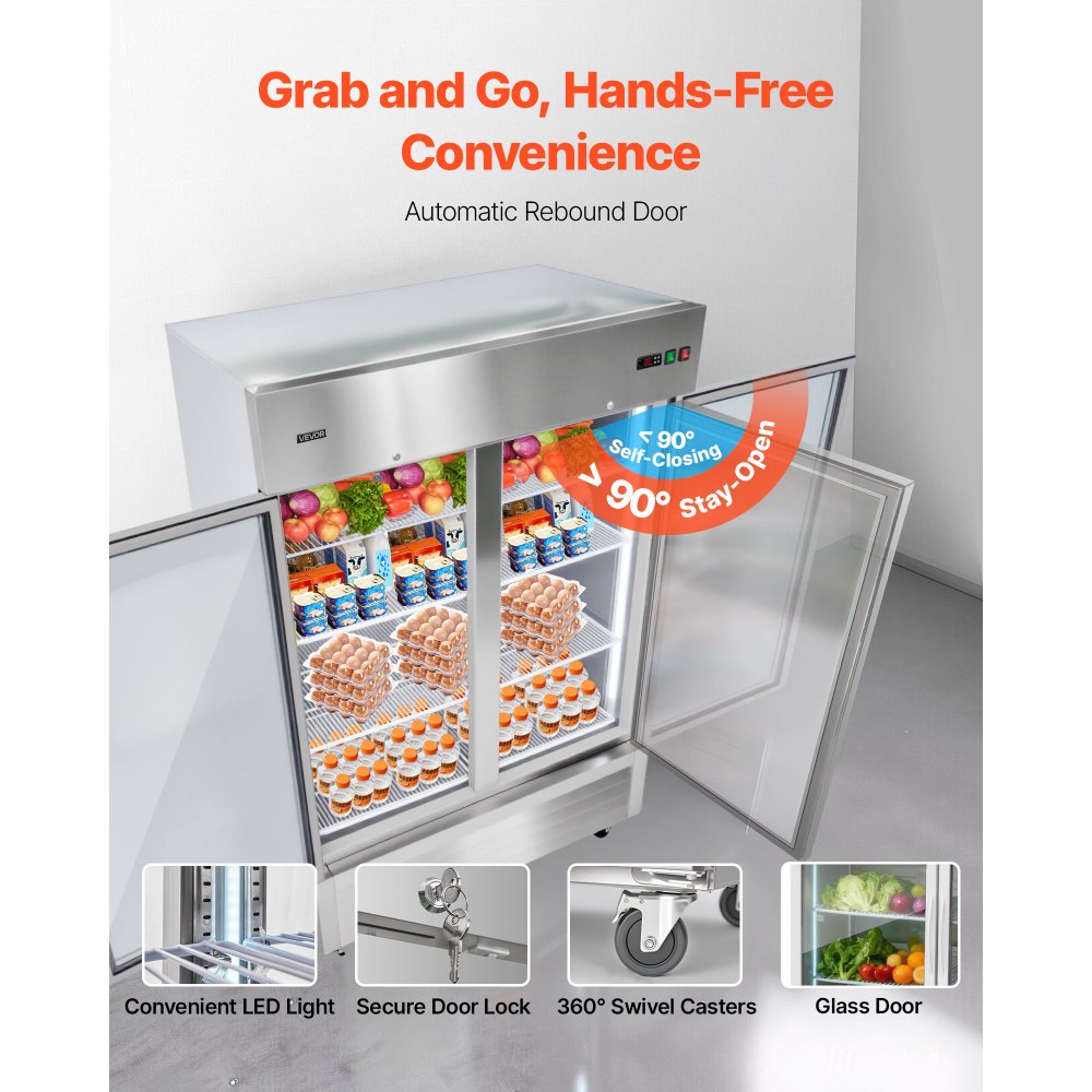 VEVOR Commercial Refrigerator, 32.2 in Width Reach In Upright Refrigeration Double Glass Door, 43.2 Cu.ft Auto-Defrost Stainless Steel Refrigerator with 8 Adjustable Shelves, 32 to 50℉ Temp Range