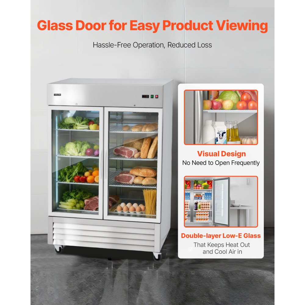 VEVOR Commercial Refrigerator, 32.2 in Width Reach In Upright Refrigeration Double Glass Door, 43.2 Cu.ft Auto-Defrost Stainless Steel Refrigerator with 8 Adjustable Shelves, 32 to 50℉ Temp Range