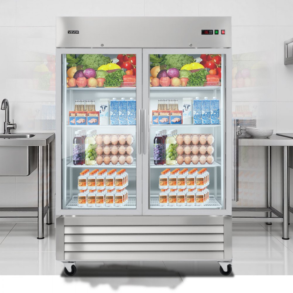 VEVOR Commercial Refrigerator, 32.2 in Width Reach In Upright Refrigeration Double Glass Door, 43.2 Cu.ft Auto-Defrost Stainless Steel Refrigerator with 8 Adjustable Shelves, 32 to 50℉ Temp Range