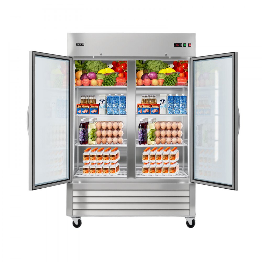 VEVOR Commercial Refrigerator, 32.2 in Width Reach In Upright Refrigeration Double Glass Door, 43.2 Cu.ft Auto-Defrost Stainless Steel Refrigerator with 8 Adjustable Shelves, 32 to 50℉ Temp Range