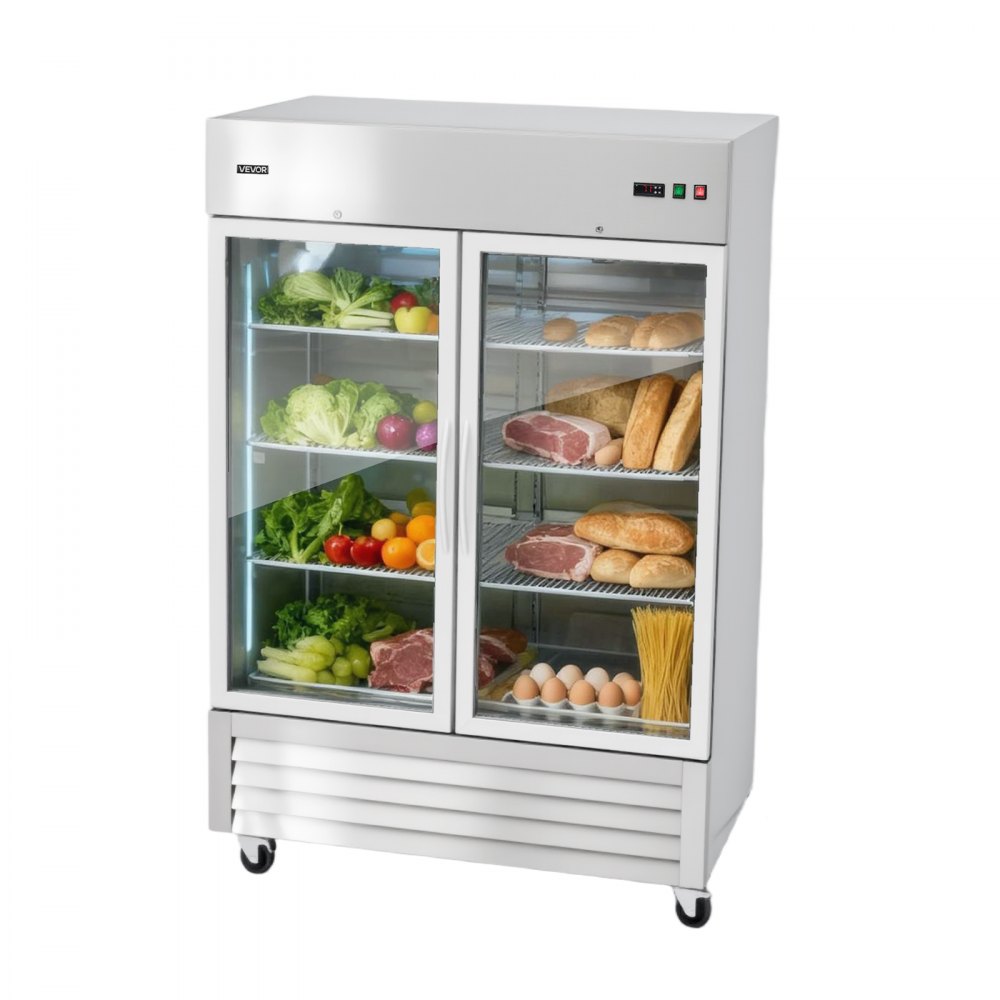 VEVOR Commercial Refrigerator, 32.2 in Width Reach In Upright Refrigeration Double Glass Door, 43.2 Cu.ft Auto-Defrost Stainless Steel Refrigerator with 8 Adjustable Shelves, 32 to 50℉ Temp Range