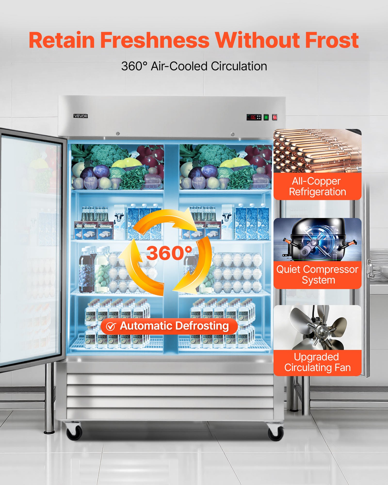 VEVOR Commercial Refrigerator, 32.2 in Width Reach In Upright Refrigeration Double Glass Door, 43.2 Cu.ft Auto-Defrost Stainless Steel Refrigerator with 8 Adjustable Shelves, 32 to 50℉ Temp Range