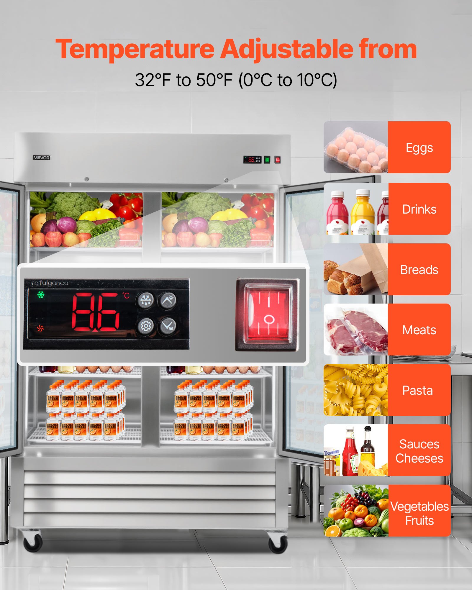VEVOR Commercial Refrigerator, 32.2 in Width Reach In Upright Refrigeration Double Glass Door, 43.2 Cu.ft Auto-Defrost Stainless Steel Refrigerator with 8 Adjustable Shelves, 32 to 50℉ Temp Range