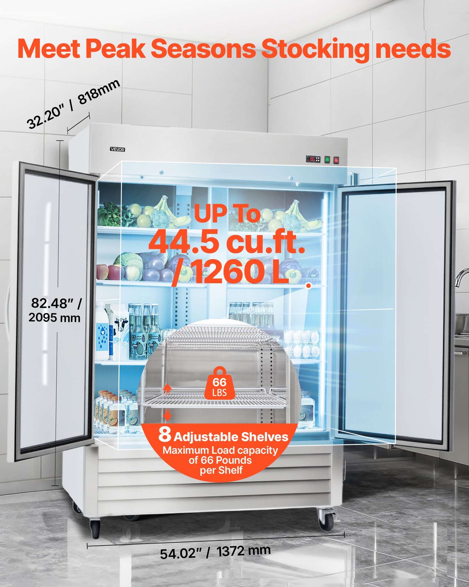 VEVOR Commercial Refrigerator, 32.2 in Width Reach In Upright Refrigeration Double Glass Door, 43.2 Cu.ft Auto-Defrost Stainless Steel Refrigerator with 8 Adjustable Shelves, 32 to 50℉ Temp Range