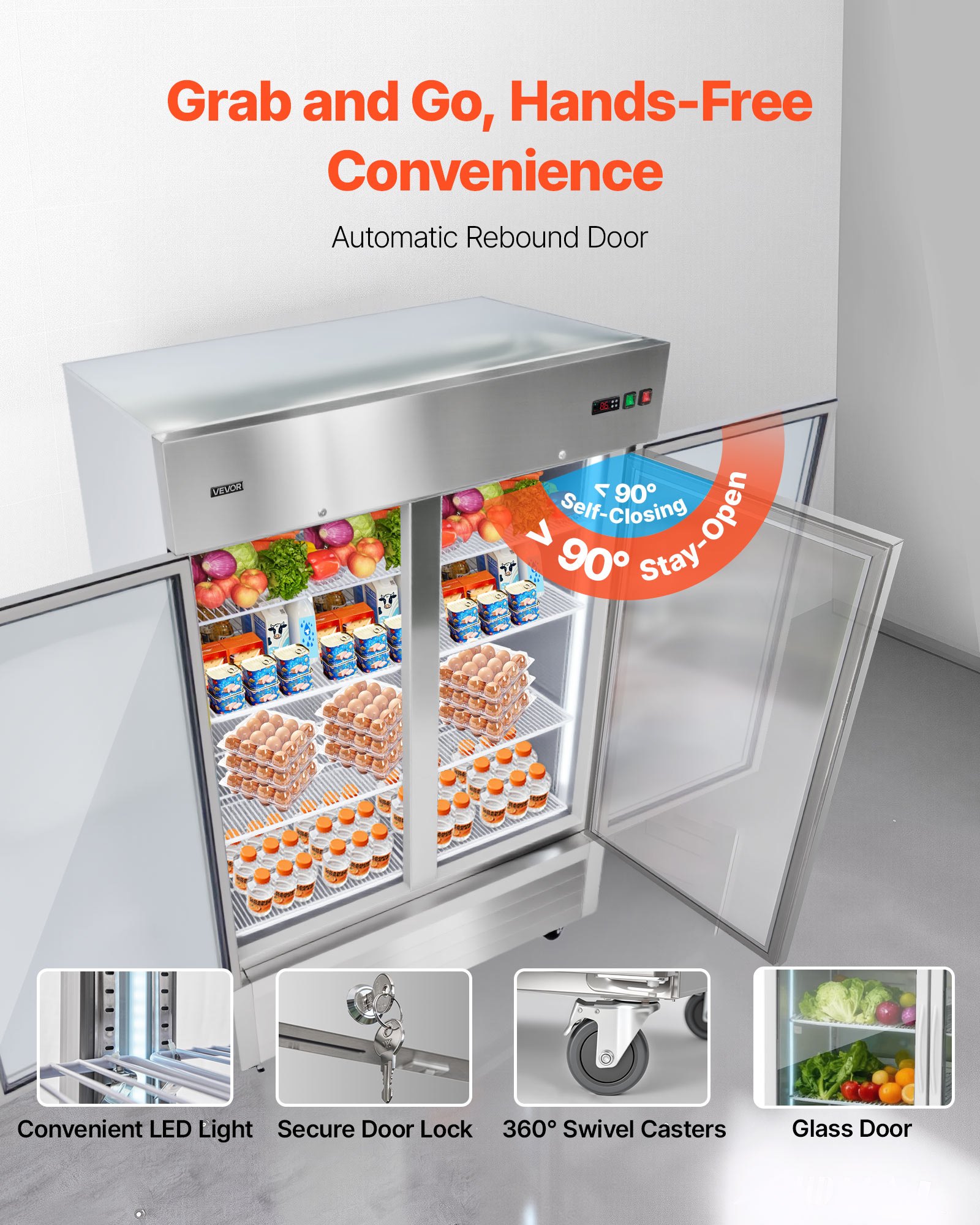 VEVOR Commercial Refrigerator, 32.2 in Width Reach In Upright Refrigeration Double Glass Door, 43.2 Cu.ft Auto-Defrost Stainless Steel Refrigerator with 8 Adjustable Shelves, 32 to 50℉ Temp Range