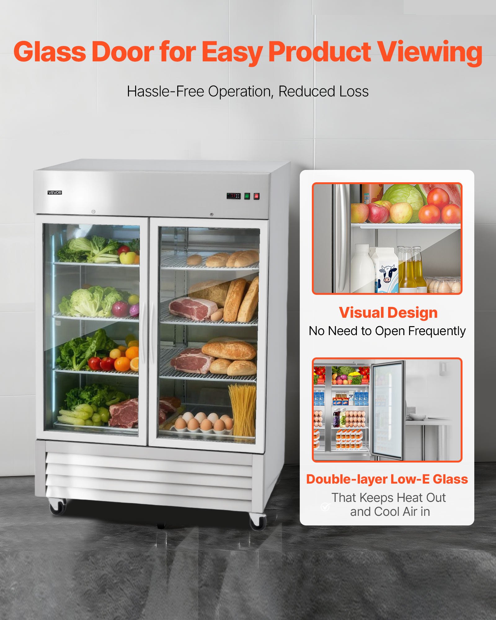 VEVOR Commercial Refrigerator, 32.2 in Width Reach In Upright Refrigeration Double Glass Door, 43.2 Cu.ft Auto-Defrost Stainless Steel Refrigerator with 8 Adjustable Shelves, 32 to 50℉ Temp Range