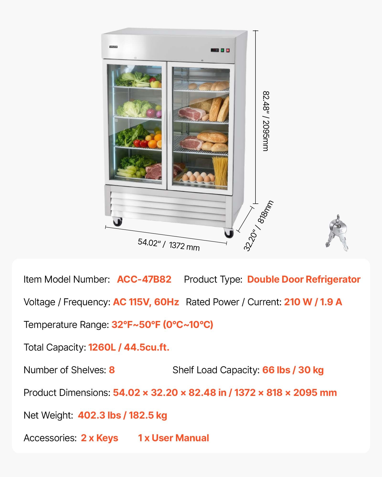 VEVOR Commercial Refrigerator, 32.2 in Width Reach In Upright Refrigeration Double Glass Door, 43.2 Cu.ft Auto-Defrost Stainless Steel Refrigerator with 8 Adjustable Shelves, 32 to 50℉ Temp Range