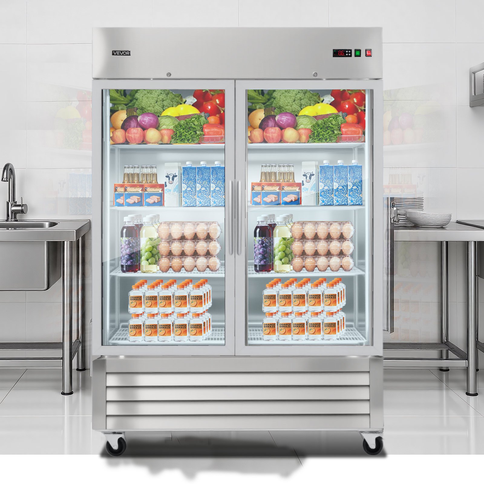 VEVOR Commercial Refrigerator, 32.2 in Width Reach In Upright Refrigeration Double Glass Door, 43.2 Cu.ft Auto-Defrost Stainless Steel Refrigerator with 8 Adjustable Shelves, 32 to 50℉ Temp Range