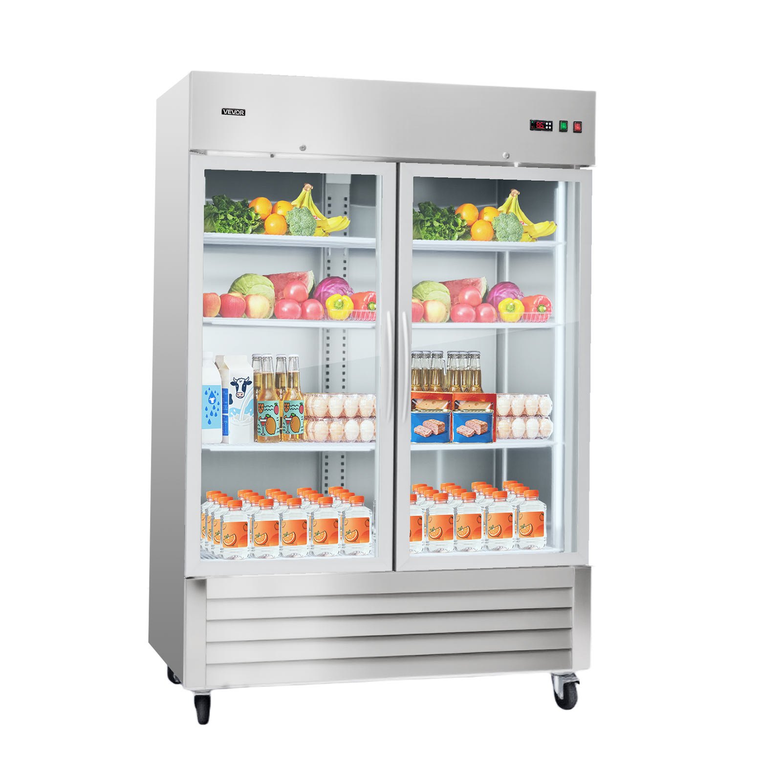 VEVOR Commercial Refrigerator, 32.2 in Width Reach In Upright Refrigeration Double Glass Door, 43.2 Cu.ft Auto-Defrost Stainless Steel Refrigerator with 8 Adjustable Shelves, 32 to 50℉ Temp Range