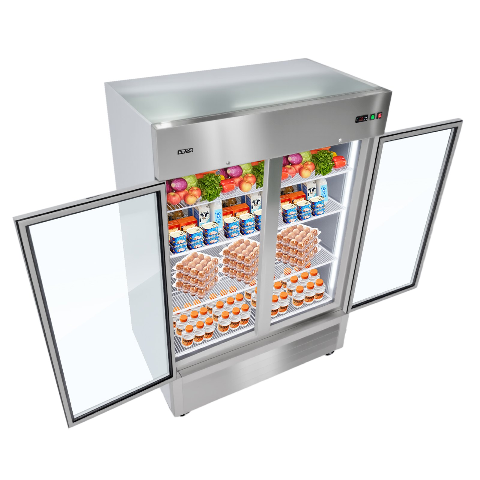VEVOR Commercial Refrigerator, 32.2 in Width Reach In Upright Refrigeration Double Glass Door, 43.2 Cu.ft Auto-Defrost Stainless Steel Refrigerator with 8 Adjustable Shelves, 32 to 50℉ Temp Range