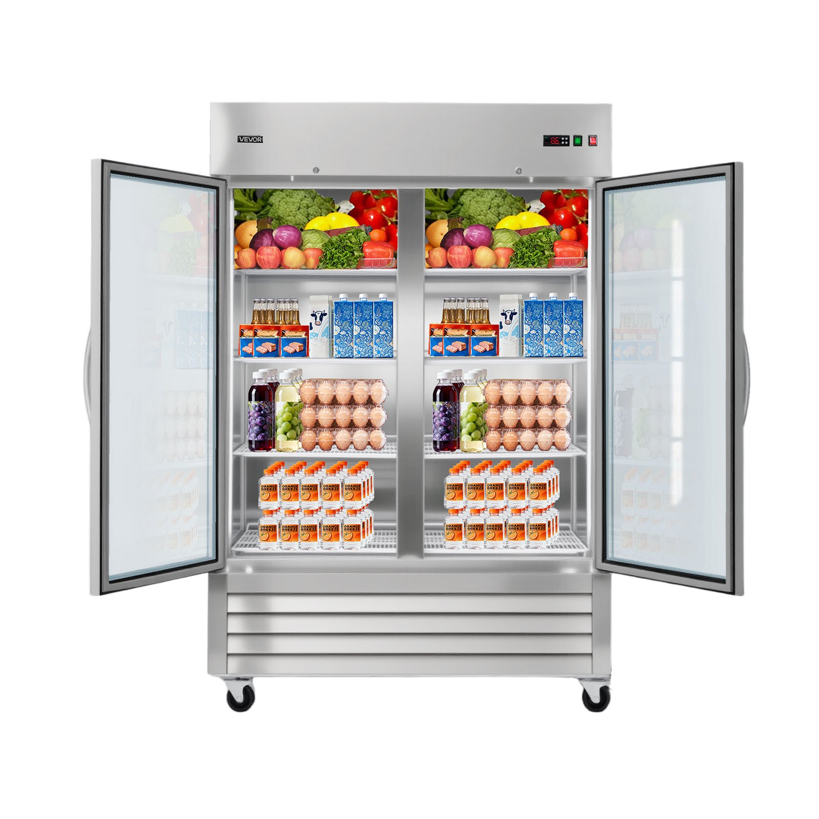VEVOR Commercial Refrigerator, 32.2 in Width Reach In Upright Refrigeration Double Glass Door, 43.2 Cu.ft Auto-Defrost Stainless Steel Refrigerator with 8 Adjustable Shelves, 32 to 50℉ Temp Range