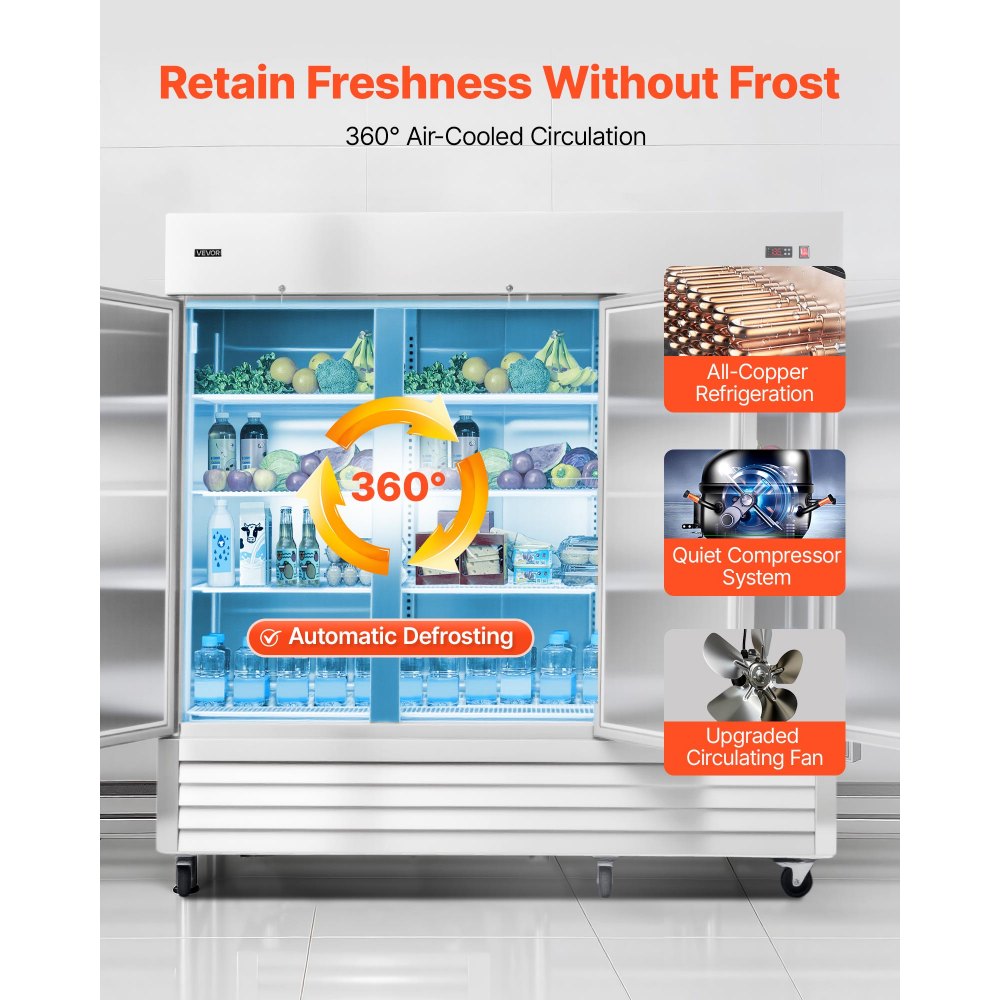 VEVOR Commercial Reach-In Refrigerator 85" W, 69 Cu.Ft Stainless Steel Upright Refrigerator with Three Doors, Auto-Defrost, 12 Adjustable Shelves, 32 to 50℉ Temp Control, ETL Certified