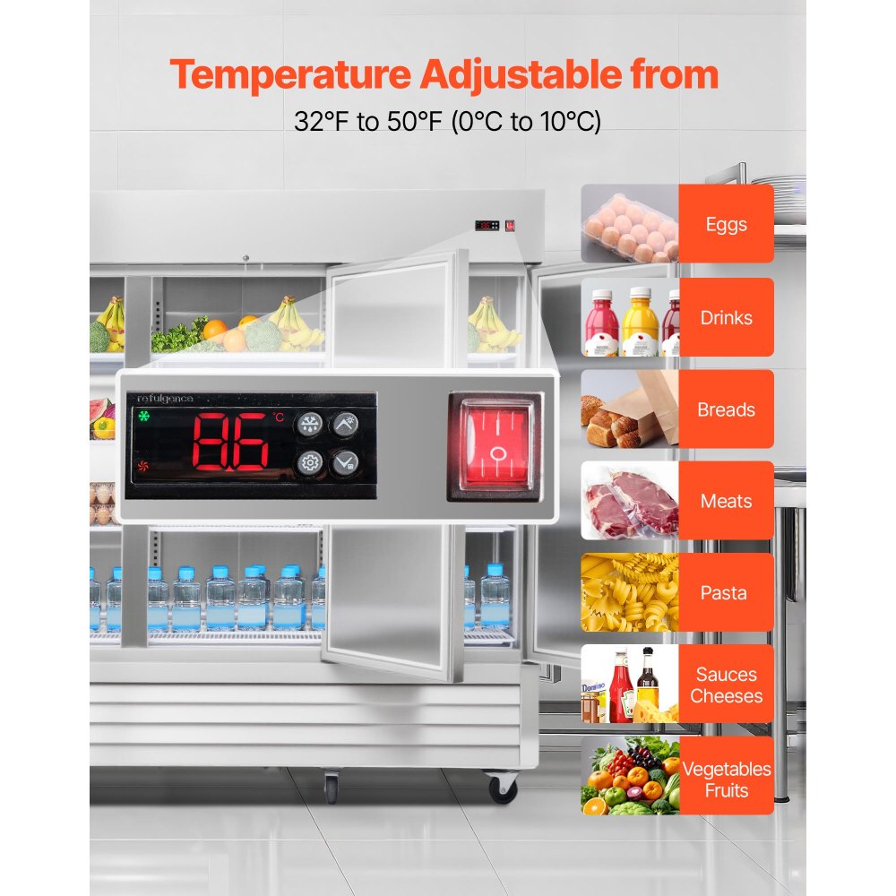 VEVOR Commercial Reach-In Refrigerator 85" W, 69 Cu.Ft Stainless Steel Upright Refrigerator with Three Doors, Auto-Defrost, 12 Adjustable Shelves, 32 to 50℉ Temp Control, ETL Certified