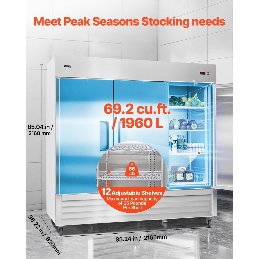 VEVOR Commercial Reach-In Refrigerator 85" W, 69 Cu.Ft Stainless Steel Upright Refrigerator with Three Doors, Auto-Defrost, 12 Adjustable Shelves, 32 to 50℉ Temp Control, ETL Certified
