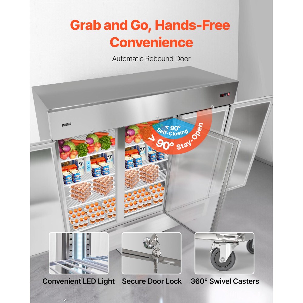 VEVOR Commercial Reach-In Refrigerator 85" W, 69 Cu.Ft Stainless Steel Upright Refrigerator with Three Doors, Auto-Defrost, 12 Adjustable Shelves, 32 to 50℉ Temp Control, ETL Certified