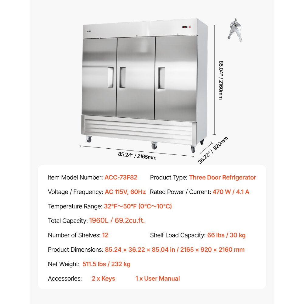 VEVOR Commercial Reach-In Refrigerator 85" W, 69 Cu.Ft Stainless Steel Upright Refrigerator with Three Doors, Auto-Defrost, 12 Adjustable Shelves, 32 to 50℉ Temp Control, ETL Certified