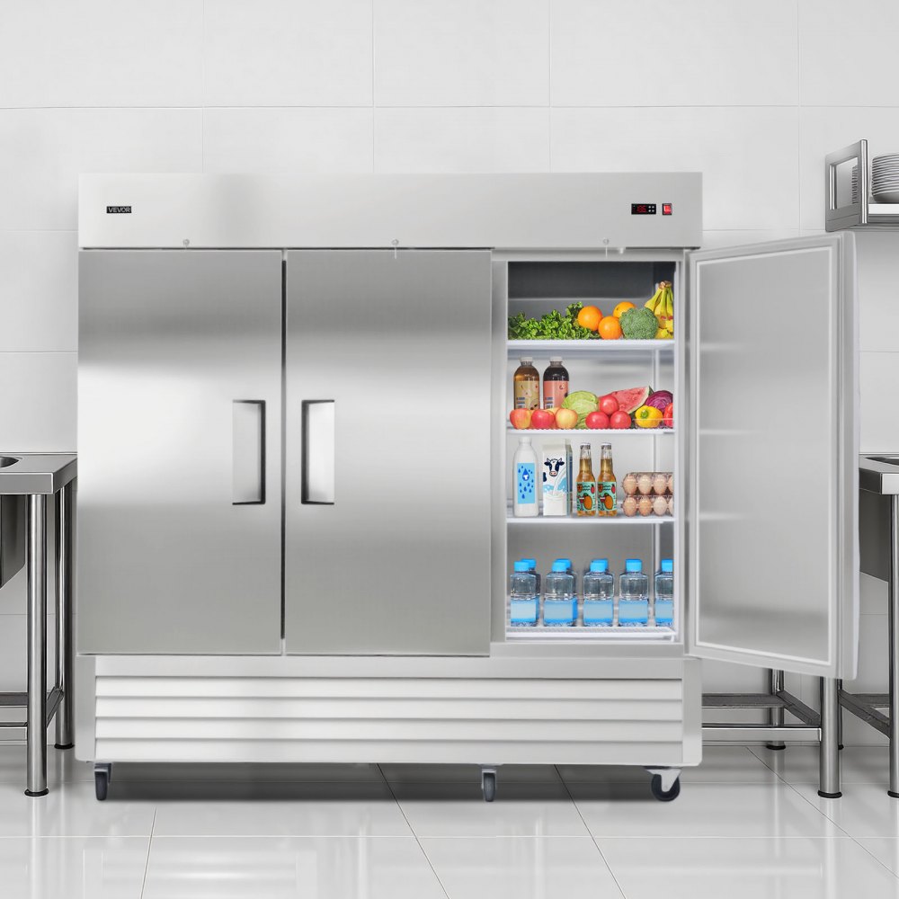VEVOR Commercial Reach-In Refrigerator 85" W, 69 Cu.Ft Stainless Steel Upright Refrigerator with Three Doors, Auto-Defrost, 12 Adjustable Shelves, 32 to 50℉ Temp Control, ETL Certified