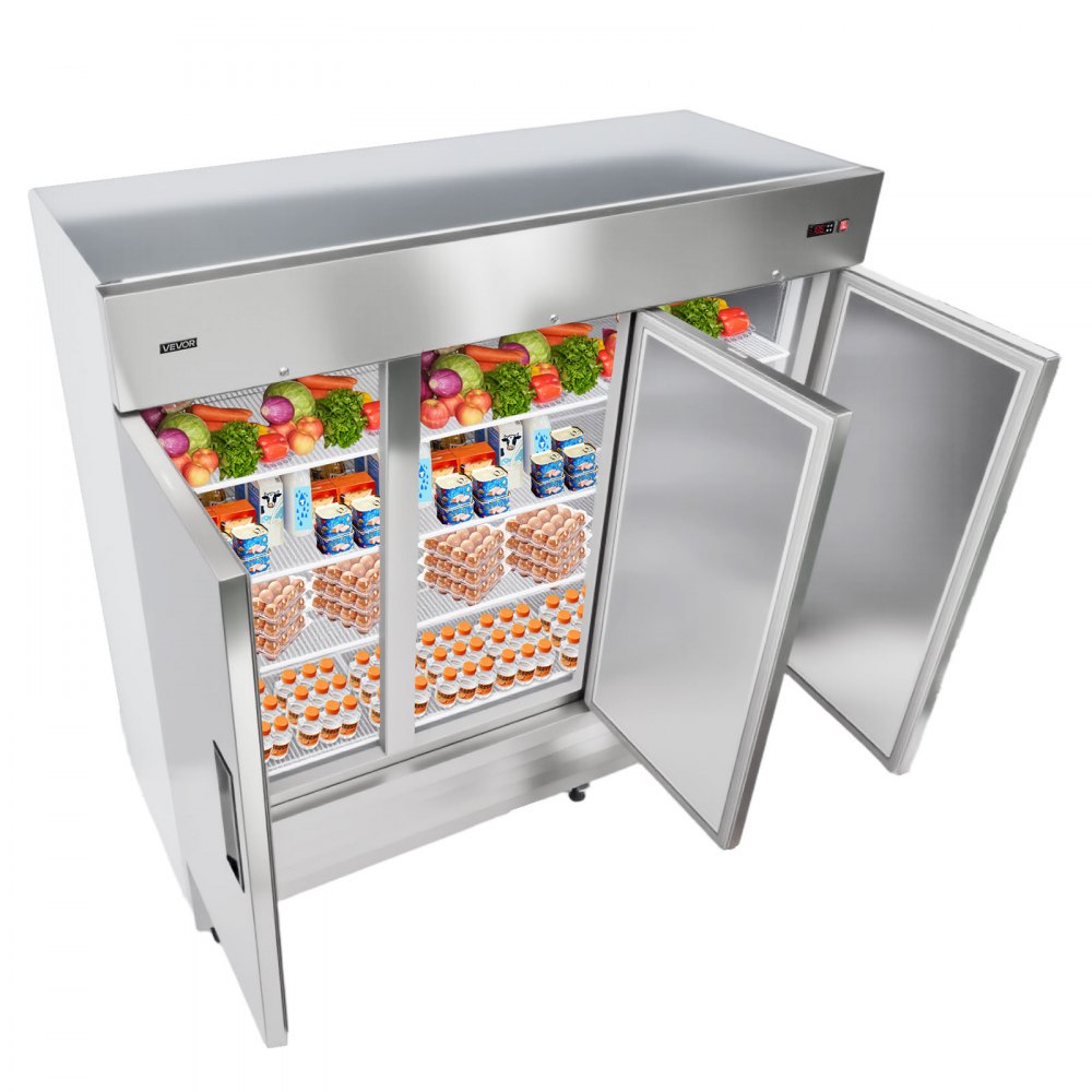 VEVOR Commercial Reach-In Refrigerator 85" W, 69 Cu.Ft Stainless Steel Upright Refrigerator with Three Doors, Auto-Defrost, 12 Adjustable Shelves, 32 to 50℉ Temp Control, ETL Certified