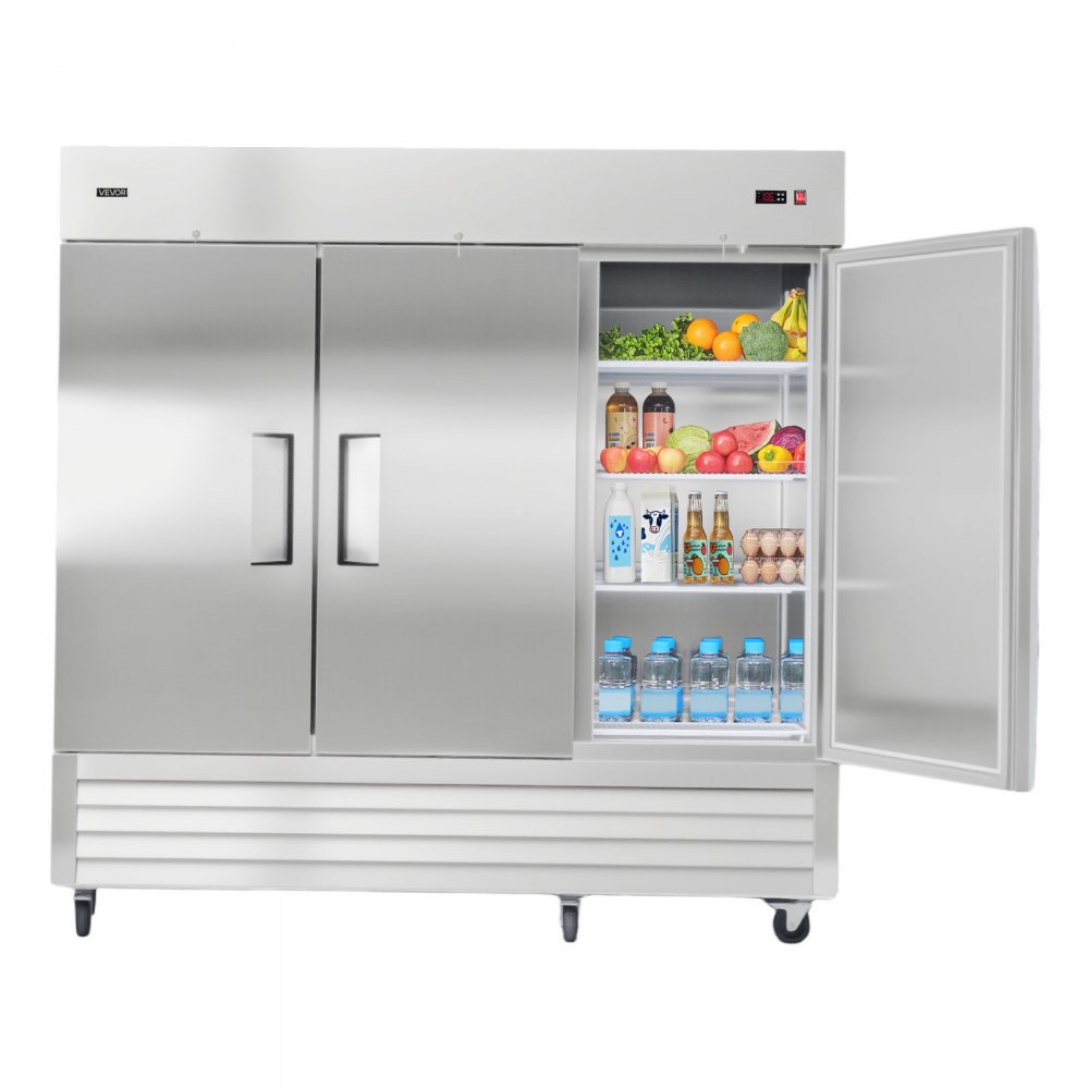 VEVOR Commercial Reach-In Refrigerator 85" W, 69 Cu.Ft Stainless Steel Upright Refrigerator with Three Doors, Auto-Defrost, 12 Adjustable Shelves, 32 to 50℉ Temp Control, ETL Certified