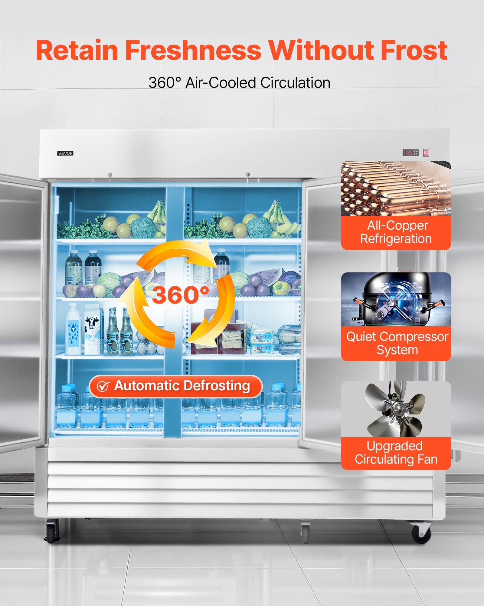 VEVOR Commercial Reach-In Refrigerator 85" W, 69 Cu.Ft Stainless Steel Upright Refrigerator with Three Doors, Auto-Defrost, 12 Adjustable Shelves, 32 to 50℉ Temp Control, ETL Certified