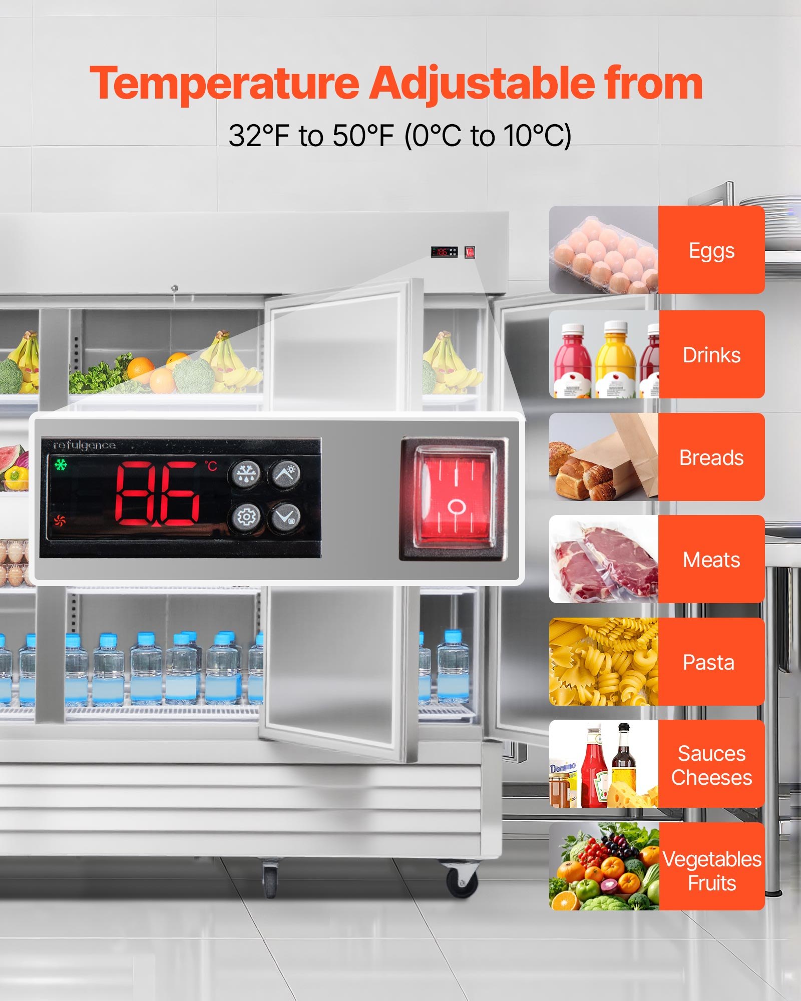 VEVOR Commercial Reach-In Refrigerator 85" W, 69 Cu.Ft Stainless Steel Upright Refrigerator with Three Doors, Auto-Defrost, 12 Adjustable Shelves, 32 to 50℉ Temp Control, ETL Certified