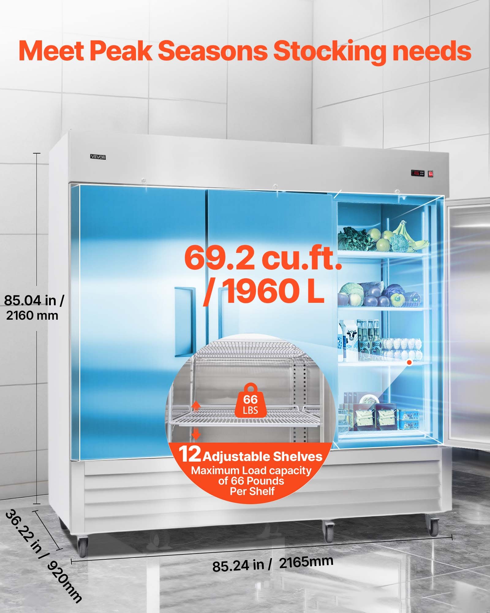 VEVOR Commercial Reach-In Refrigerator 85" W, 69 Cu.Ft Stainless Steel Upright Refrigerator with Three Doors, Auto-Defrost, 12 Adjustable Shelves, 32 to 50℉ Temp Control, ETL Certified
