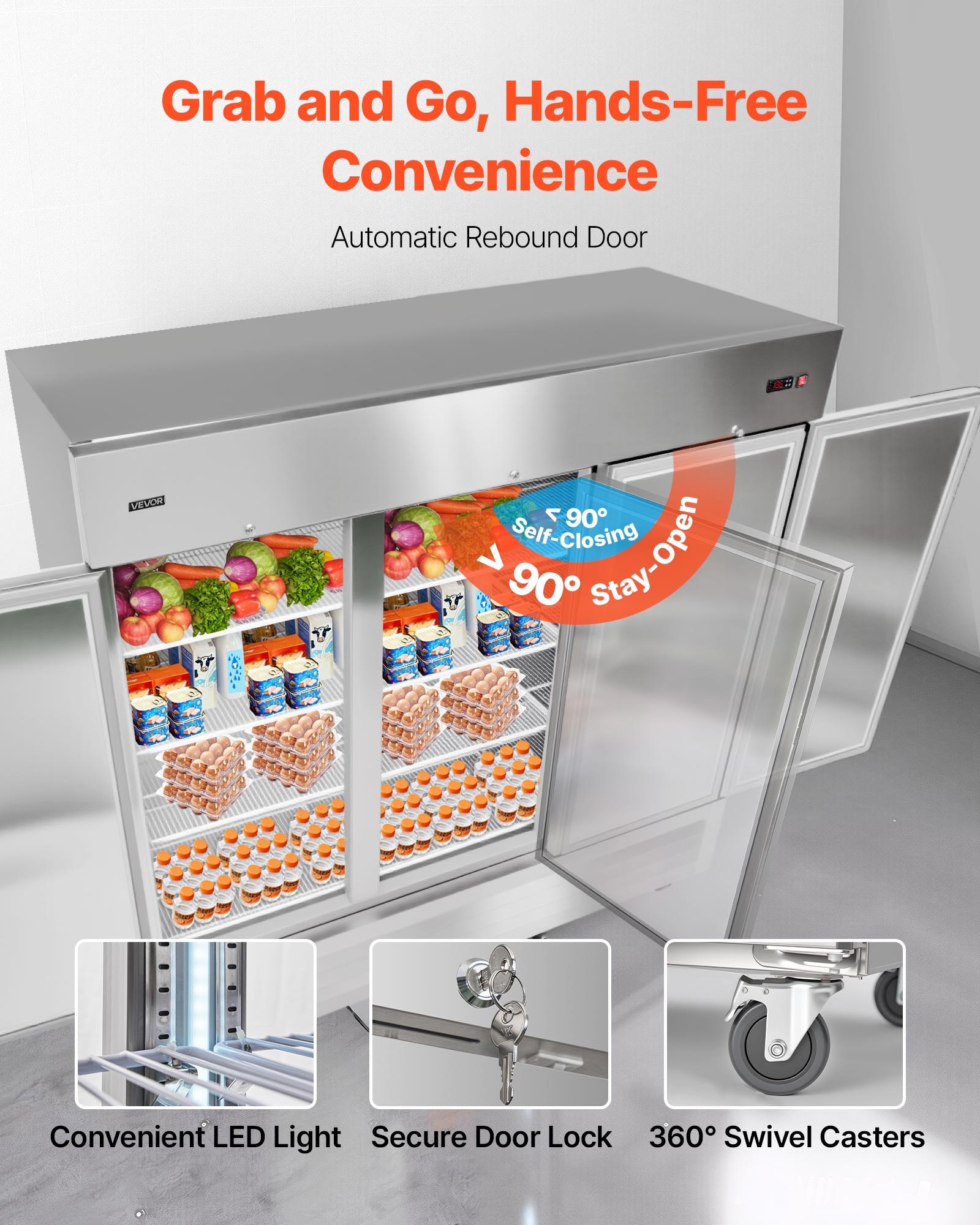 VEVOR Commercial Reach-In Refrigerator 85" W, 69 Cu.Ft Stainless Steel Upright Refrigerator with Three Doors, Auto-Defrost, 12 Adjustable Shelves, 32 to 50℉ Temp Control, ETL Certified