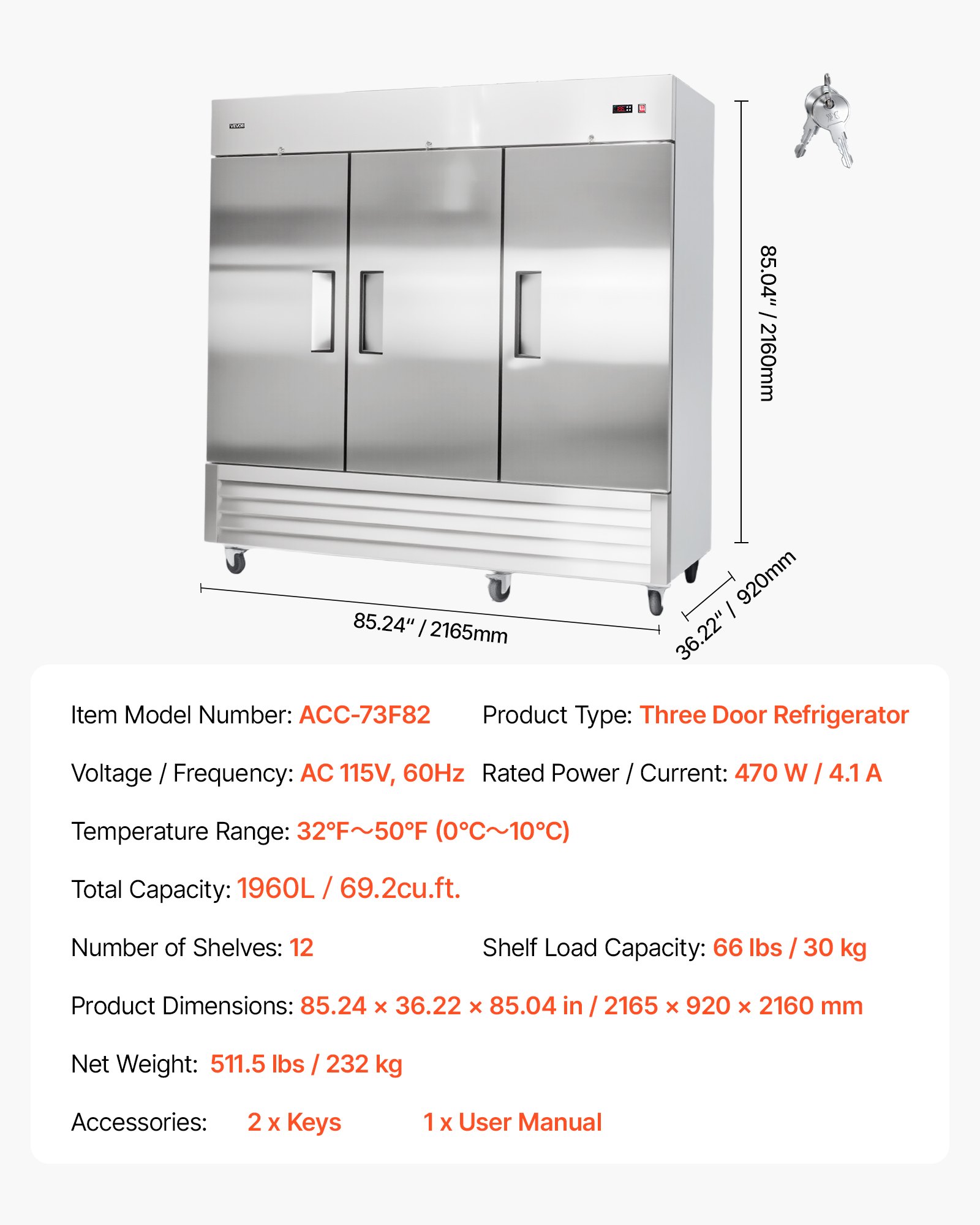 VEVOR Commercial Reach-In Refrigerator 85" W, 69 Cu.Ft Stainless Steel Upright Refrigerator with Three Doors, Auto-Defrost, 12 Adjustable Shelves, 32 to 50℉ Temp Control, ETL Certified