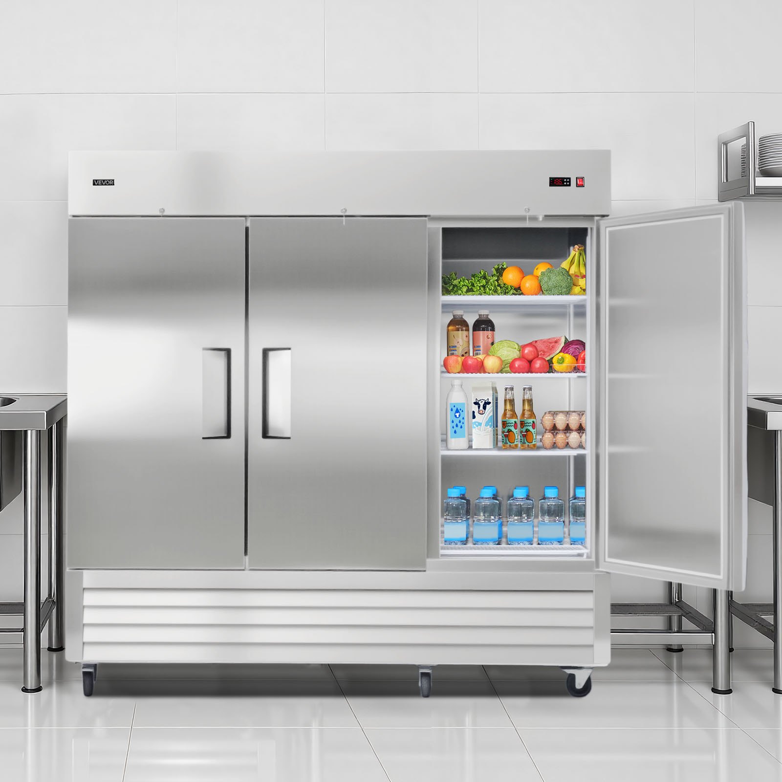 VEVOR Commercial Reach-In Refrigerator 85" W, 69 Cu.Ft Stainless Steel Upright Refrigerator with Three Doors, Auto-Defrost, 12 Adjustable Shelves, 32 to 50℉ Temp Control, ETL Certified