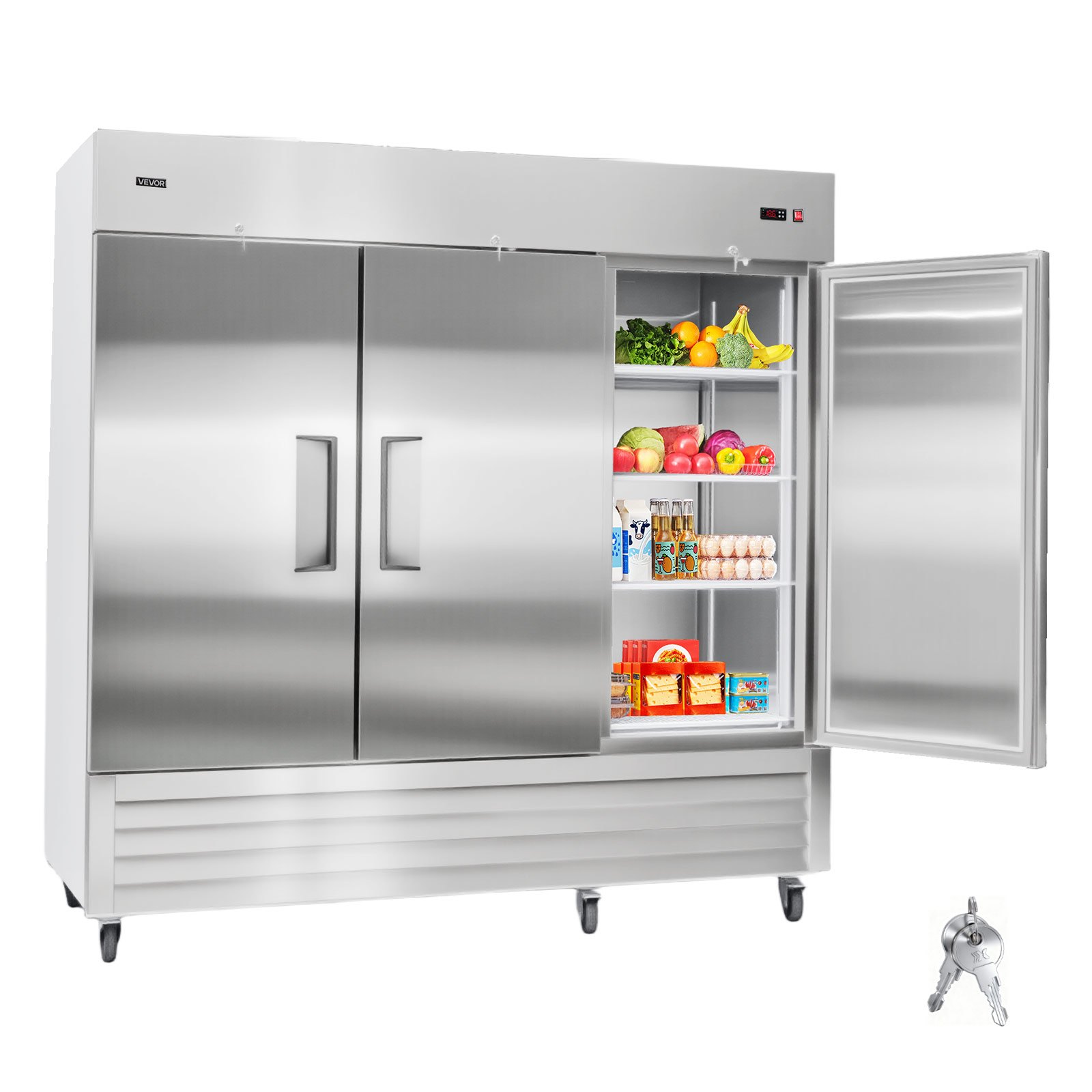 VEVOR Commercial Reach-In Refrigerator 85" W, 69 Cu.Ft Stainless Steel Upright Refrigerator with Three Doors, Auto-Defrost, 12 Adjustable Shelves, 32 to 50℉ Temp Control, ETL Certified