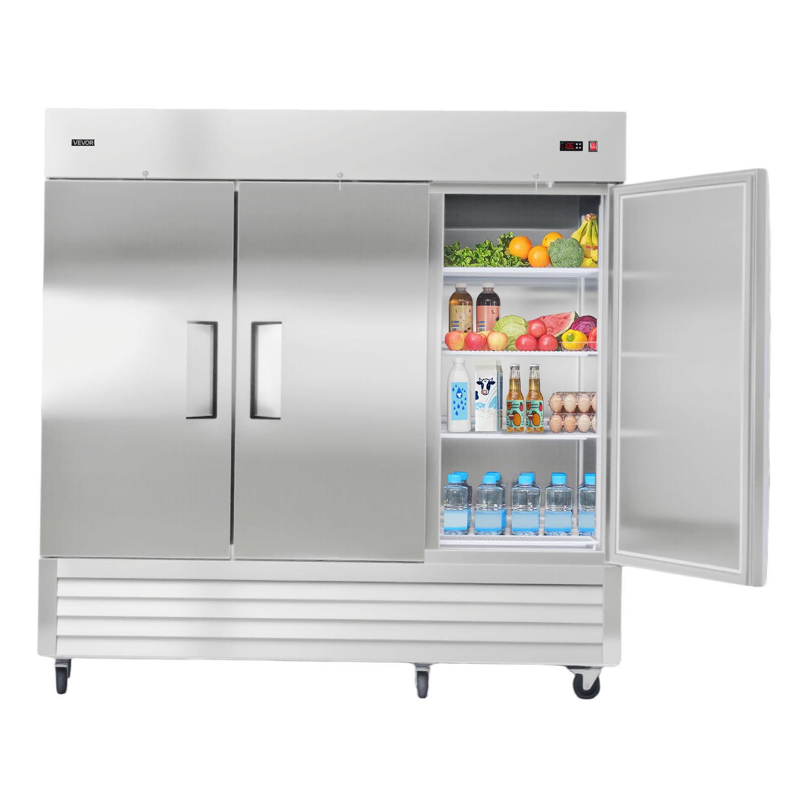 VEVOR Commercial Reach-In Refrigerator 85" W, 69 Cu.Ft Stainless Steel Upright Refrigerator with Three Doors, Auto-Defrost, 12 Adjustable Shelves, 32 to 50℉ Temp Control, ETL Certified