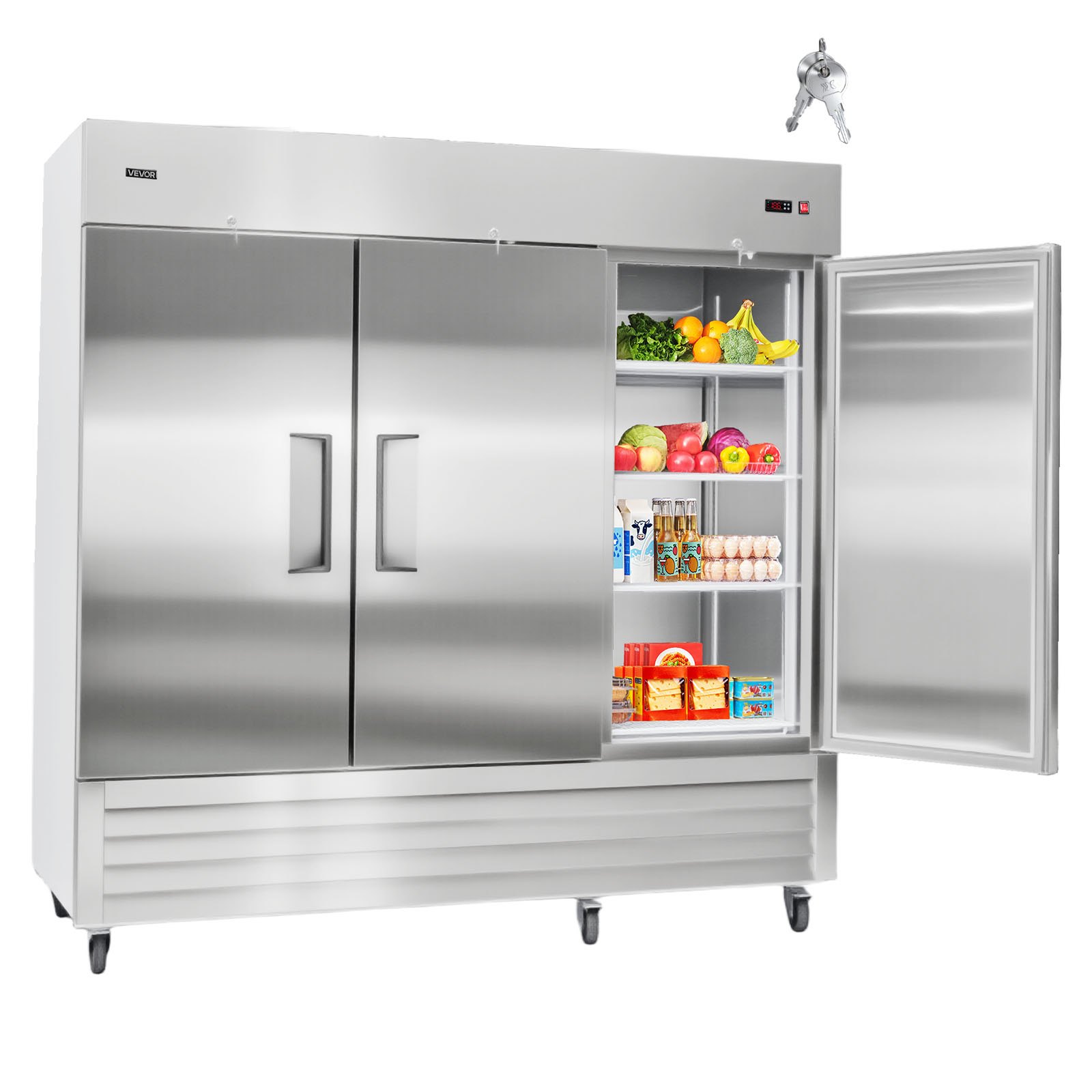 VEVOR Commercial Reach-In Refrigerator 85" W, 69 Cu.Ft Stainless Steel Upright Refrigerator with Three Doors, Auto-Defrost, 12 Adjustable Shelves, 32 to 50℉ Temp Control, ETL Certified