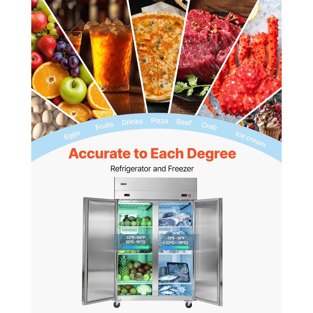 VEVOR Commercial Refrigerator and Freezer Combo, 31.89 in Width Reach In Upright-Freezer Double Door, 31.1 Cu.ft Auto-Defrost Stainless Steel Freezer with 8 Adjustable Shelves, LED Light, 4 Wheels